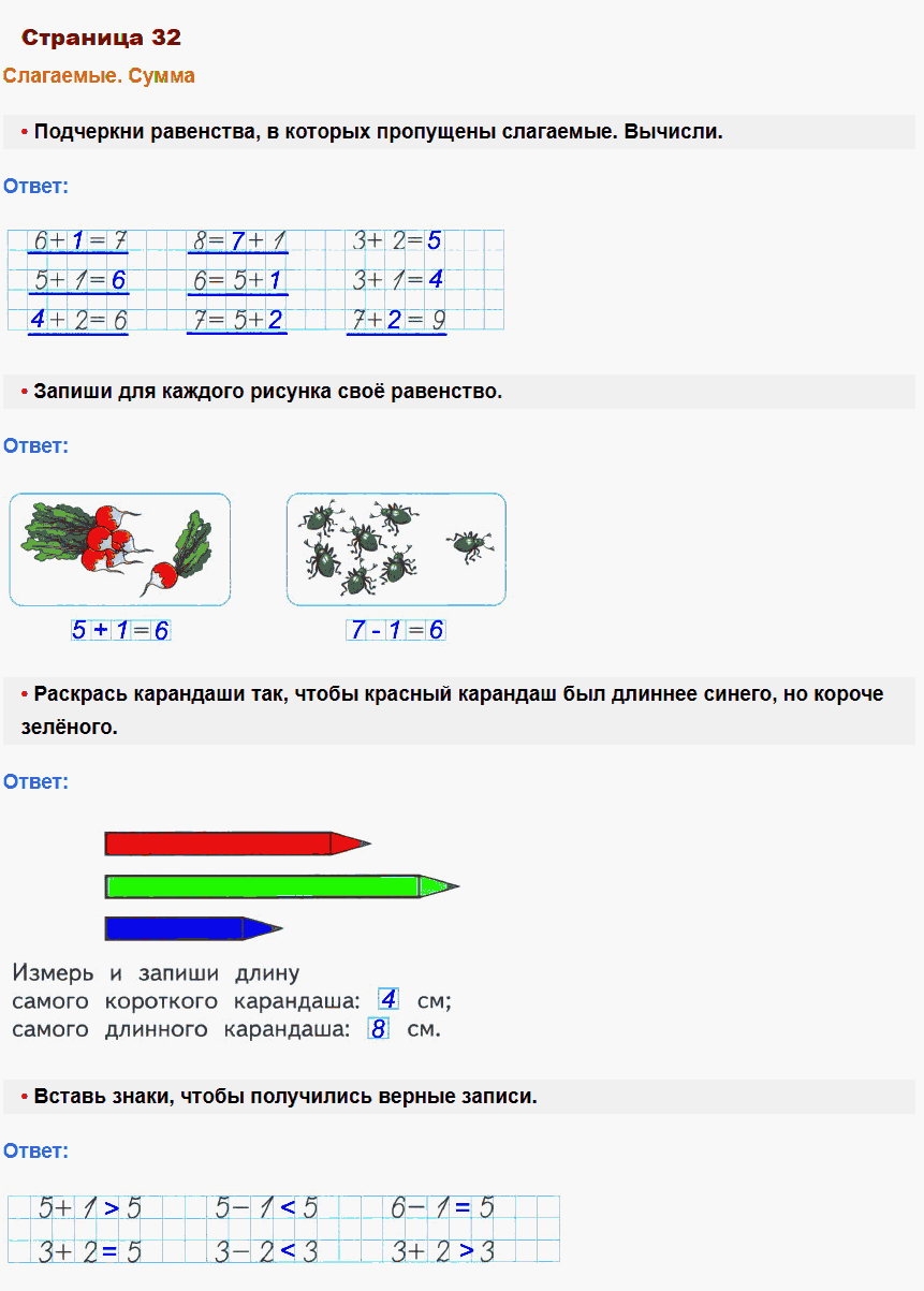 Математика 1 класс рабочая тетрадь Моро, Волкова стр 32