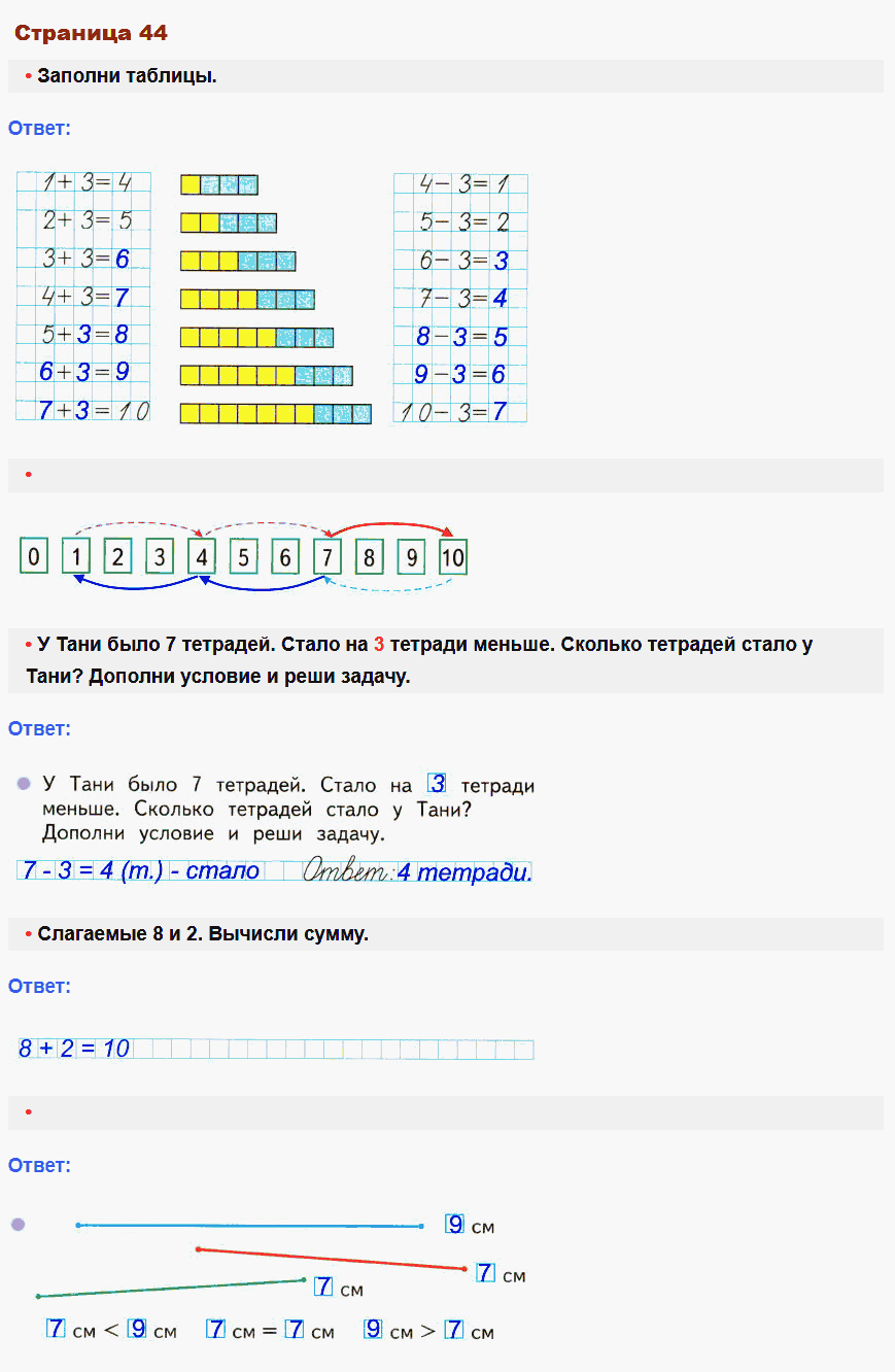 Математика 1 класс рабочая тетрадь Моро, Волкова стр 44